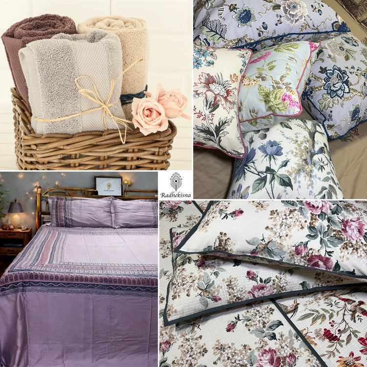 A stunning display of home essentials, including plush bedsheets, elegant bed covers, artistic cushion covers, and premium towel sets, curated for a luxurious living experience.