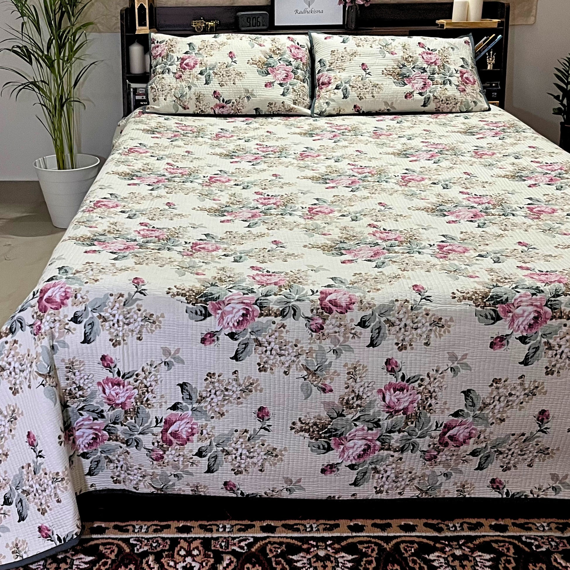 RadheKisna Heritage Gardenia Botanical Quilted Bed Cover Set